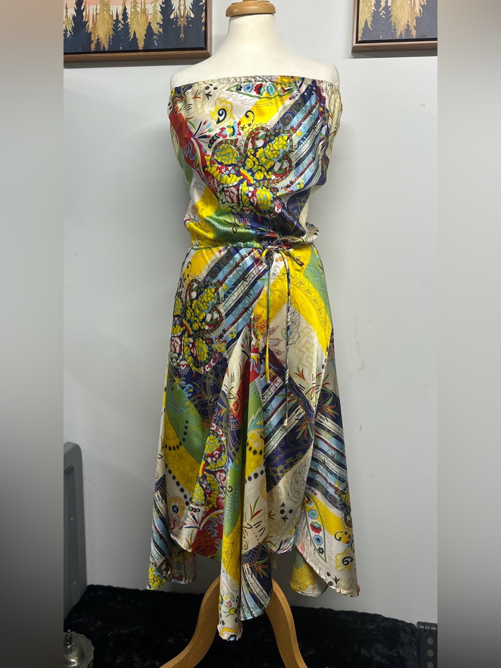 Jimmy Drake 94% Silk Strapless Boho Scarf Print Dress Women’s M